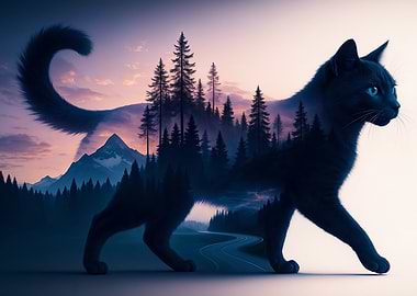 Cat Silhouette Landscape Double Exposure