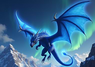 Blue Dragon Flying Over Snowy Mountains