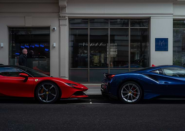 Red Ferrari SF90 and Blue Ferrari 488 Pista