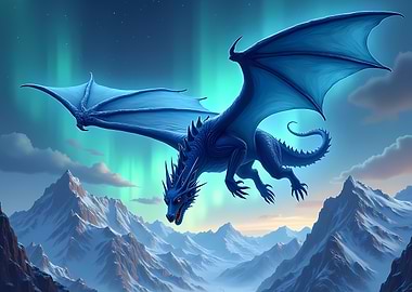 Blue Dragon Flying Over Snowy Mountains