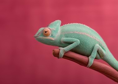 Chameleon on Branch, Pink Background