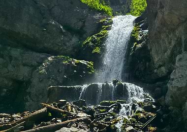 Waterfall cascading over rocks and logs, Utah