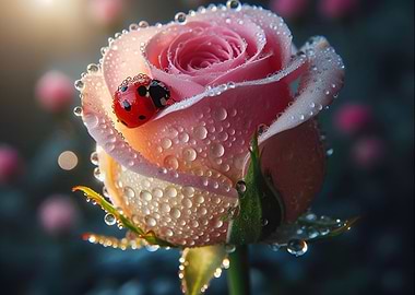 Pink Rose with Ladybug and Dew