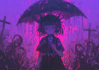 Anime Girl in Cemetery Rain