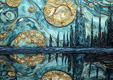 Abstract Teal and Gold Landscape Reflection