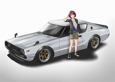 Anime Girl with Classic Car