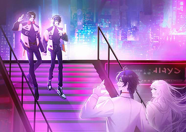 Anime Characters in Cyberpunk Cityscape