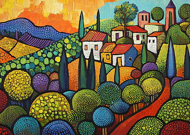 Colorful Tuscan Village Landscape Painting