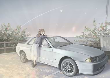 Anime girl with a white car