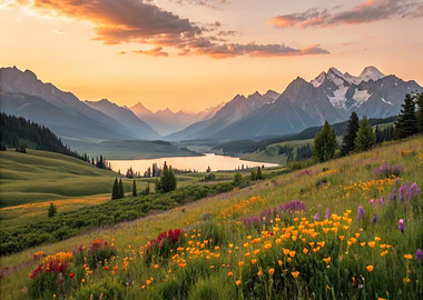 Mountains at Lake Landscape with Wild flowers Nature
