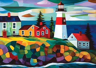 Colorful Coastal Lighthouse and Houses Painting