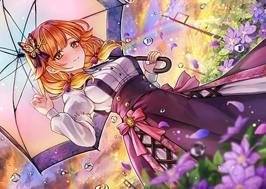 Anime Girl with Umbrella in Floral Setting
