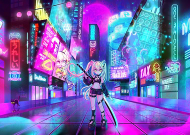 Cyberpunk Anime Girl with Katana