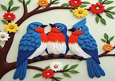 Three Birds on a Branch with Flowers