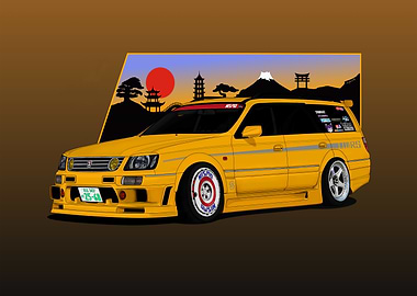 Yellow Nissan Stagea Japanese Landscape