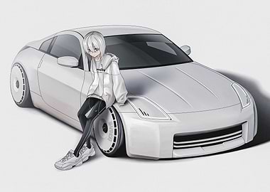 Anime Girl with White Sports Car