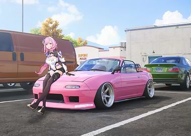 Anime Girl on Pink Mazda Miata