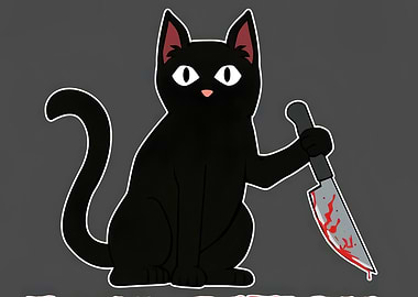 Cartoon Black Cat with Bloody Knife