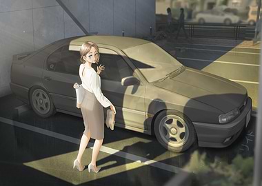 Woman and Car in Parking Lot