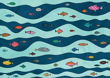 Colorful Fish in Wavy Sea Pattern