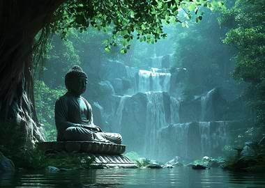 Buddha Statue by Waterfall in Forest