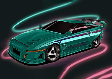 Teal Car with Neon Lights