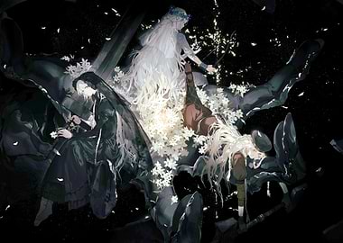 Three Figures in a Floral Darkscape