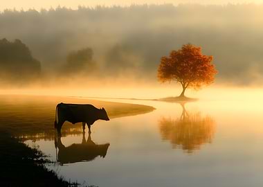 Cow in Misty Golden Landscape