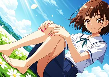 Anime Girl Relaxing in Flower Field