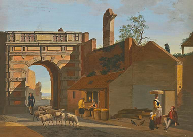 A shepherd drives seven sheep through a city gate