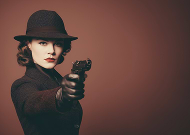 Retro Woman Detective Holding Gun