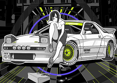 Anime Girl with White Sports Car