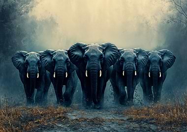 Elephant Herd in Misty Landscape