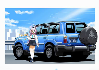 Anime Girl with Blue Land Cruiser