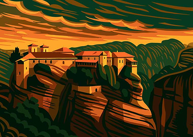 Meteora Monastery Landscape Illustration