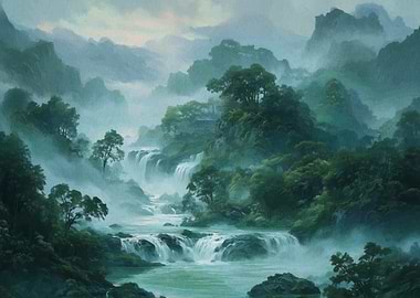 Misty Mountain Waterfall Landscape Painting