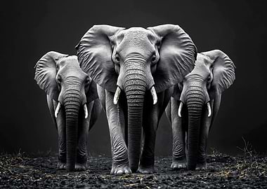Three Elephants in Black and White