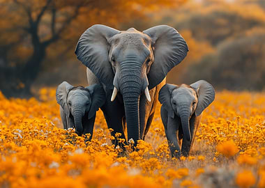 Elephant Family in a Field of Flowers
