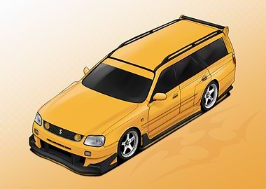 Yellow Nissan Stagea Wagon Illustration