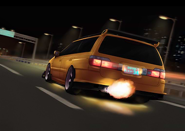 Yellow Car Exhaust Flames Night Drive