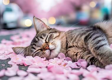 Sleeping Cat in Cherry Blossom Petals