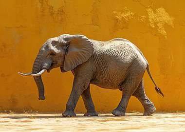 Elephant Walking Against Yellow Wall
