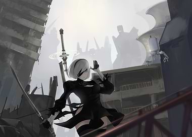2B in a ruined cityscape