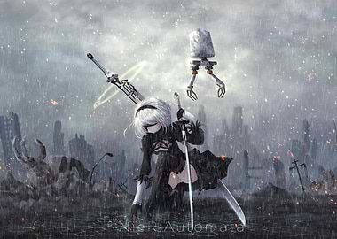 2B and Pod in Ruined City