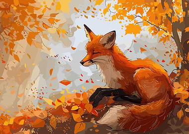 Resting Fox in Autumn Leaves