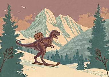 Skiing Dinosaur with Luggage