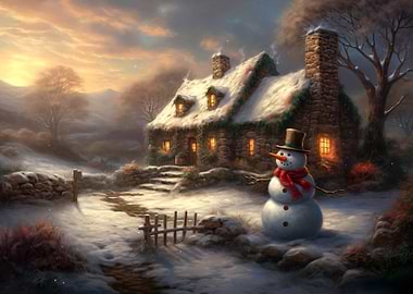 Snowy Cottage with Snowman