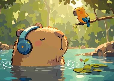 Capybara with Headphones and Parrot