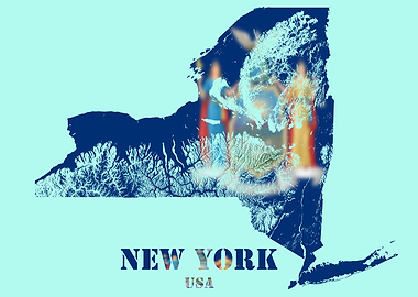 New York USA Topographic Contour Relief Map blending terrain features into its emblematic colorful flag