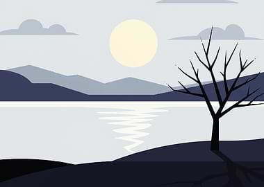 Minimalist Lake Landscape with Bare Tree